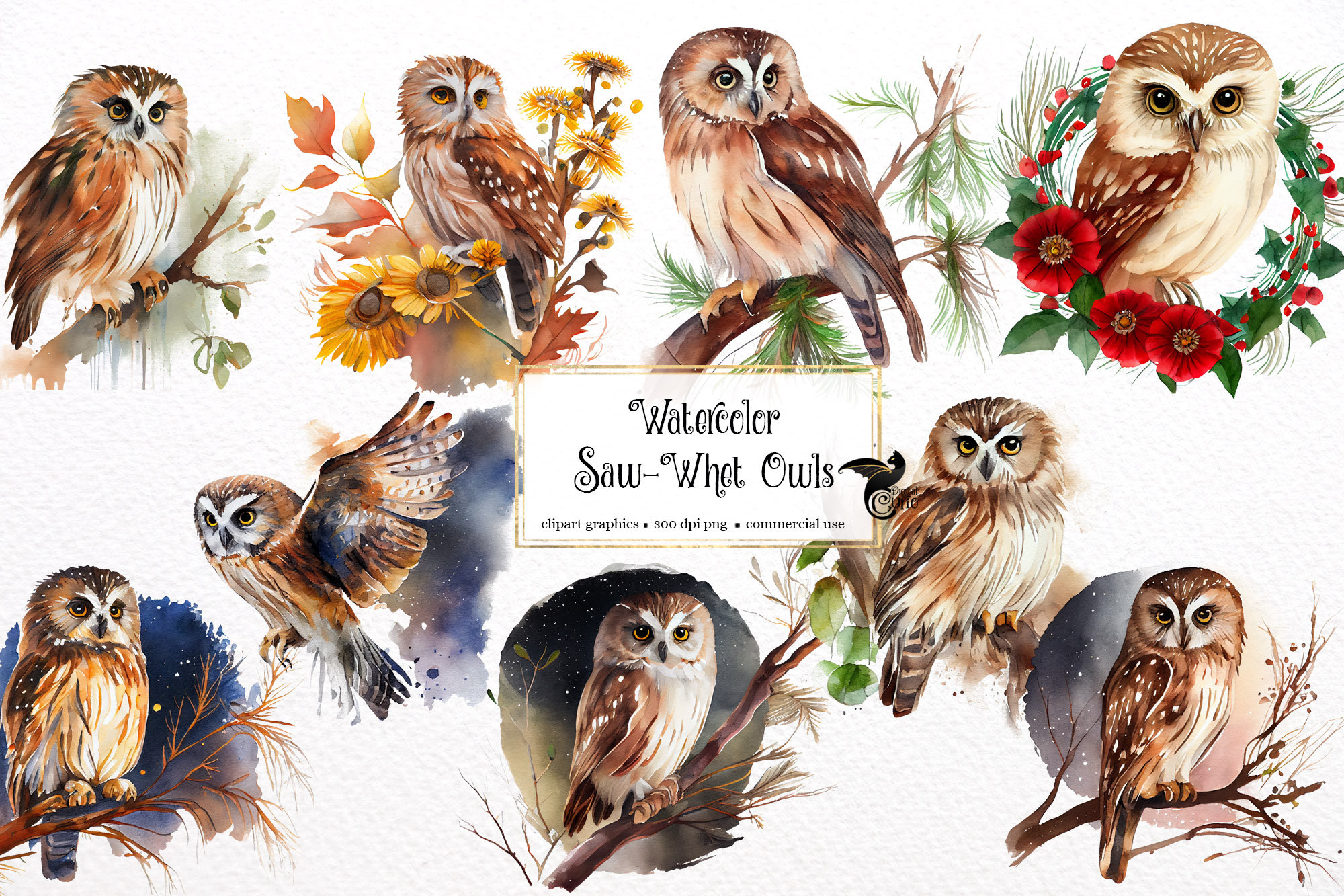 Watercolor Saw-whet Owls Clipart - cute owl clip art in PNG format instant download for commercial u