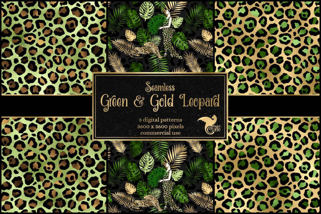 Green and Gold Leopard Seamless Pattern, Art Deco Style (digital
