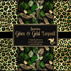 May include: Three seamless digital patterns featuring a green and gold leopard print. The patterns are 3600 x 3600 pixels and are for commercial use.