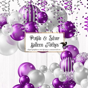 Lila und Silber Ballon Bogen Clipart, Ballon png digitale Überlagerungen mit Bändern und Konfetti sofortigen Download kommerzielle Nutzung