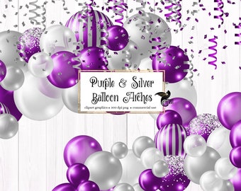 Purple and Silver Balloon Arch Clipart, balloon png digital overlays with ribbons and confetti instant download commercial use