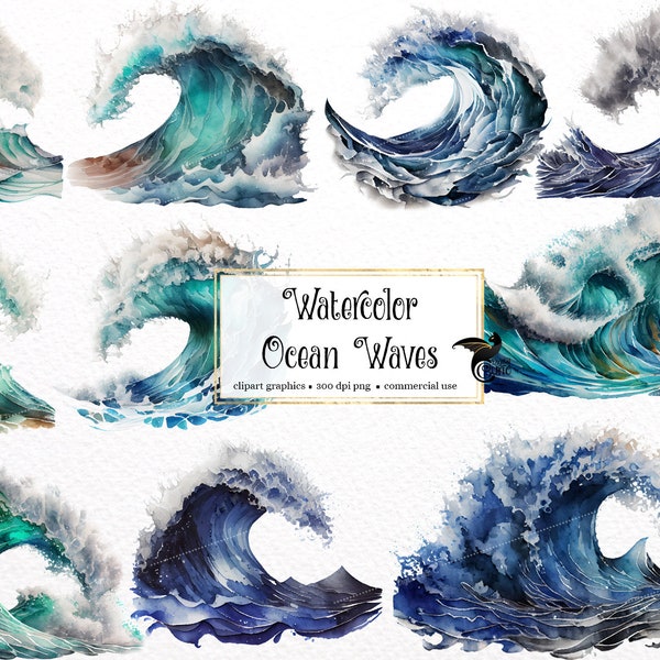 Watercolor Ocean Waves Clipart - nautical watercolor wave clip art in PNG format instant download for commercial use