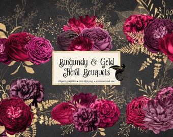 Burgundy and Gold Floral Bouquets Clipart, digital instant download red and gold foil wedding flower png embellishments for commercial use