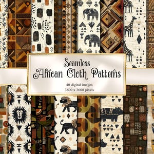 May include: A collection of seamless African cloth patterns in various designs. The patterns feature animal motifs like elephants, giraffes, and lions, along with tribal masks and geometric shapes. The color palette includes earthy tones of brown, beige, and orange.