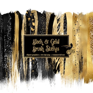 Black and Gold Brush Strokes Clipart, with black glitter and gold foil in digital PNG format instant download for commercial use