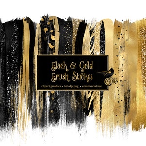 Black and Gold Brush Strokes Clipart, with black glitter and gold foil in digital PNG format instant download for commercial use