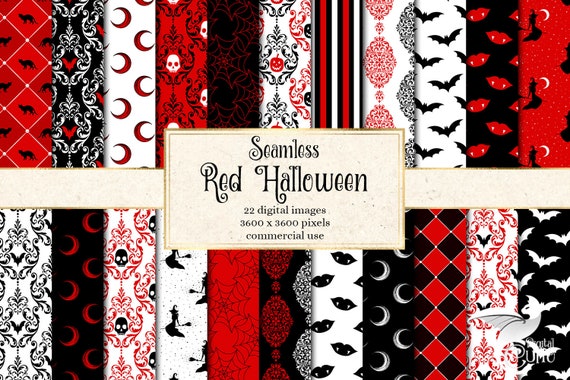 Seamless Red Gothic Digital Paper, Skull Damask Halloween