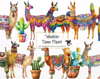 Watercolor Llama Clipart - cute llama and alpaca clipart with cactus graphics for instant download commercial use