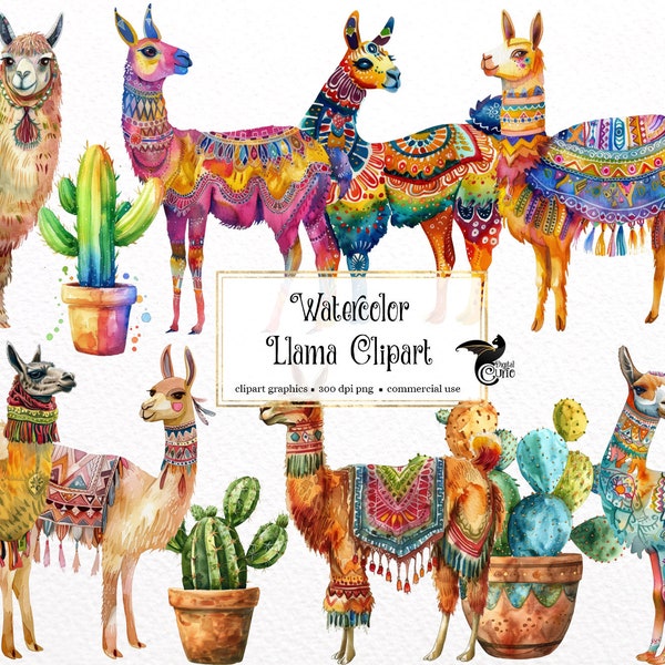 Watercolor Llama Clipart - cute llama and alpaca clipart with cactus graphics for instant download commercial use