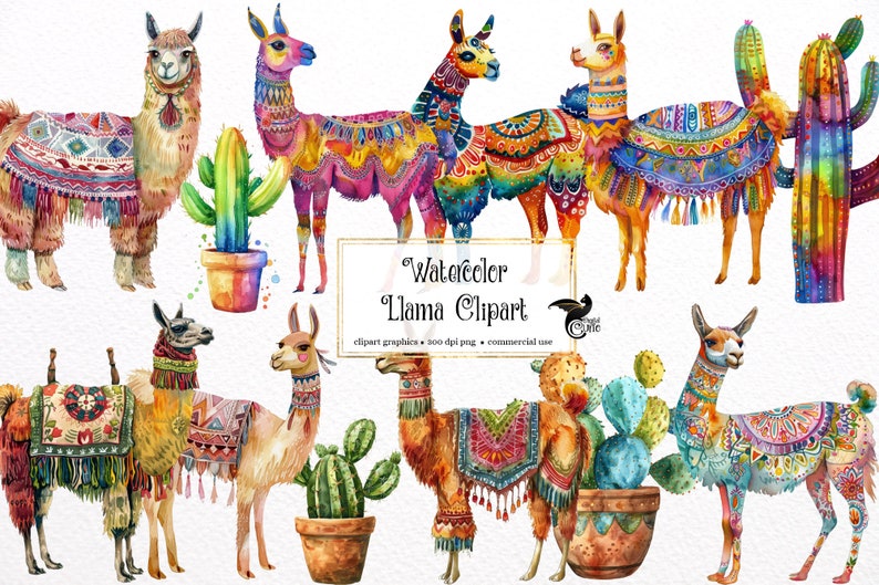K&ouml;nnte beinhalten: Aquarell-Clipart mit acht Lamas mit bunten, gemusterten Decken und Accessoires. Die Lamas stehen vor einem wei&szlig;en Hintergrund. Das Clipart ist perfekt, um Ihren Designs einen Hauch von Verspieltheit zu verleihen.
