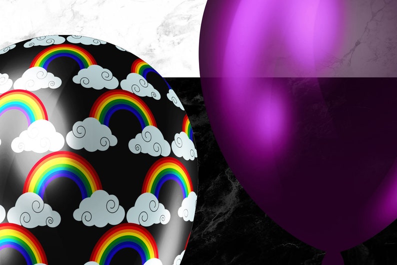 Peut inclure: Deux ballons, l'un violet et l'autre noir avec un motif arc-en-ciel et nuage.