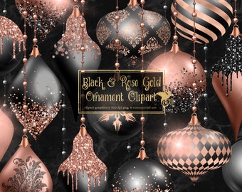 Black and Rose Gold Christmas Ornaments Clipart, digital glitter Christmas ball ornament clip art in png format for commercial use