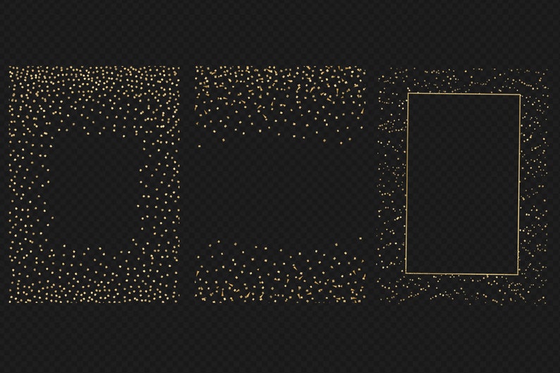 May include: Three gold glitter frames on a black background. The frames are square and have a subtle sparkle effect.