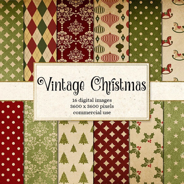 Vintage Christmas Digital Paper - 16 Pack Premium Digital Paper Christmas Holiday Patterns, Red and Green Scrapbook Paper Backgrounds