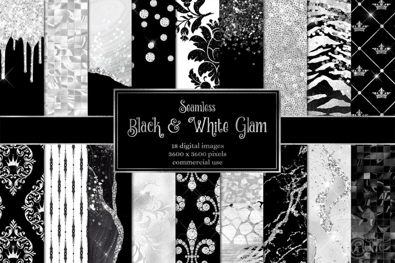 Black and White Glam Digital Paper, Seamless Foil Glitter Textures ...