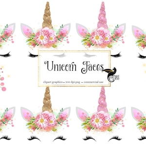 Unicorn Faces Clipart, rainbow, pink and gold watercolor unicorn horn clip art, glitter unicorn graphics, baby shower, weddings