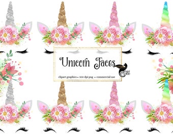 Unicorn Faces Clipart, rainbow, pink and gold watercolor unicorn horn clip art, glitter unicorn graphics, baby shower, weddings