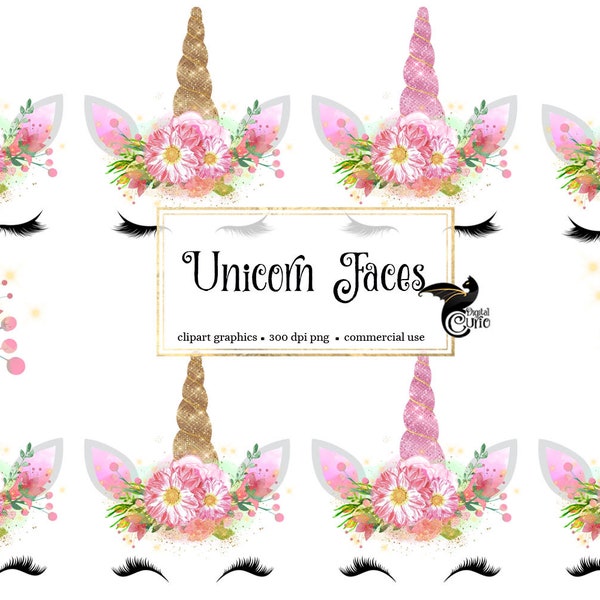 Unicorn Faces Clipart, rainbow, pink and gold watercolor unicorn horn clip art, glitter unicorn graphics, baby shower, weddings