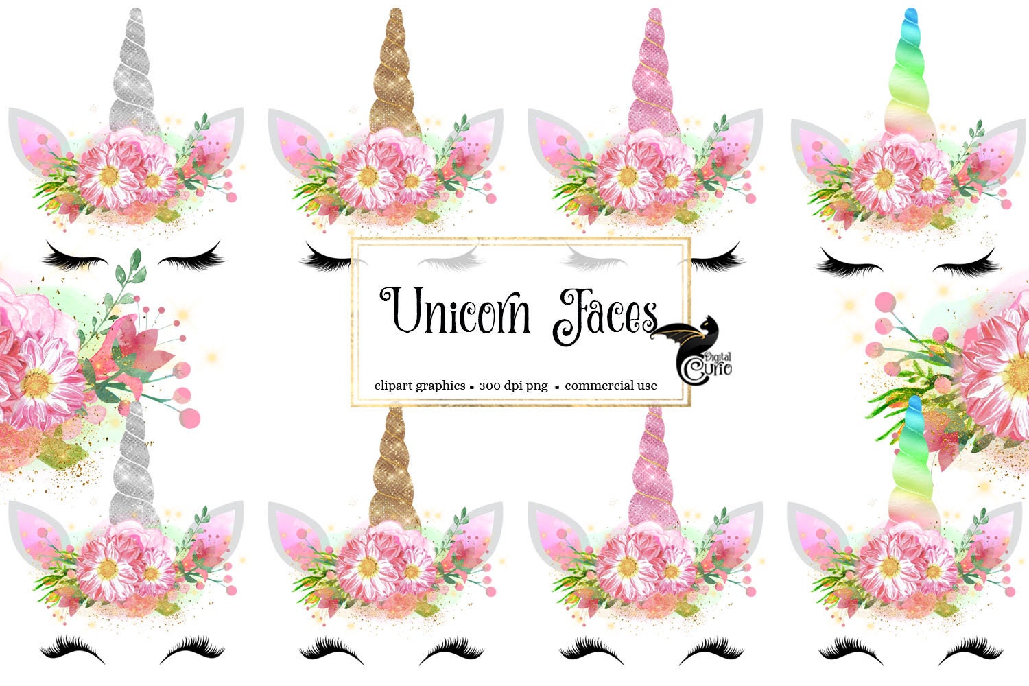 Unicorn Faces Clipart, rainbow, pink and gold watercolor unicorn horn…