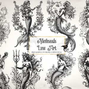 Mermaid Line Art Clipart - florale Meerjungfrauen Clip Art und Collage Blätter für veränderte Kunst oder Junk Journals sofortiger Download kommerzielle Nutzung