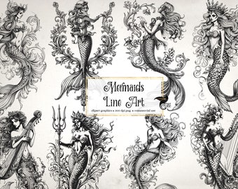 Mermaid Line Art Clipart - floral mermaids clip art and collage sheets for altered art or junk journals instant download commercial use
