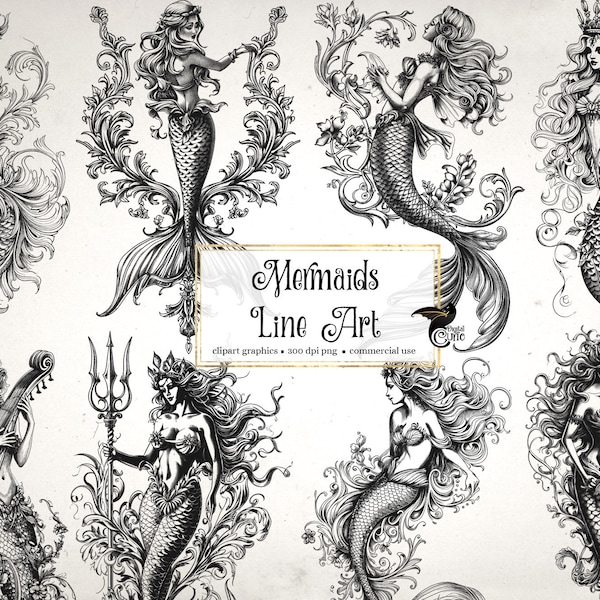 Mermaid Line Art Clipart - floral mermaids clip art and collage sheets for altered art or junk journals instant download commercial use