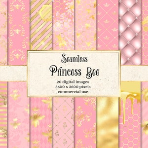 Princess Bee Digital Paper, Blush Pink and Gold Honey Bee Seamless ...