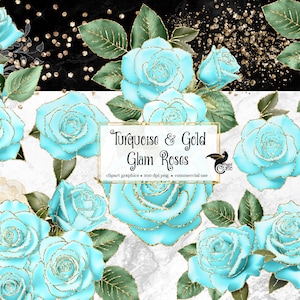 Turquoise and Gold Glam Rose Clip Art, digital instant download glitter flower png embellishments, pink rose, gold glitter roses