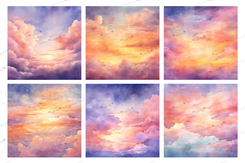 May include: A digital collage of six watercolour paintings depicting a sunset sky with fluffy clouds in shades of pink, purple, orange, and yellow.
