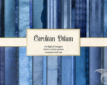 Cerulean Dream Digital Paper, blue old paper textures vintage distressed grunge backgrounds printable decoupage junk journal digital pages