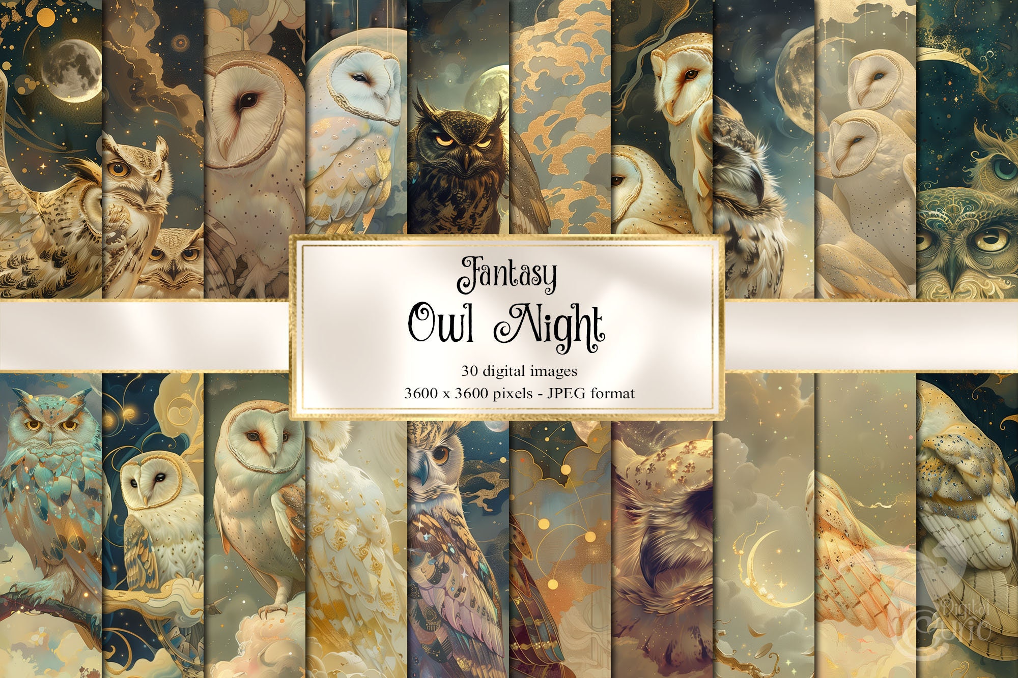 Fantasy Owl Night Digital Paper, celestial digital paper fantasy scrapbook pages printable paper ins