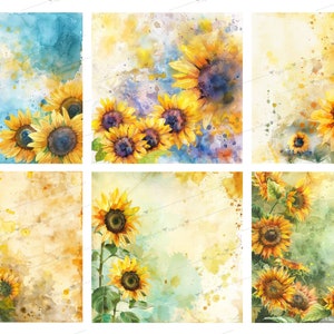 May include: A digital collage of nine watercolor paintings featuring sunflowers on a yellow and blue background. The sunflowers are arranged in different positions and sizes, creating a dynamic and colorful composition.