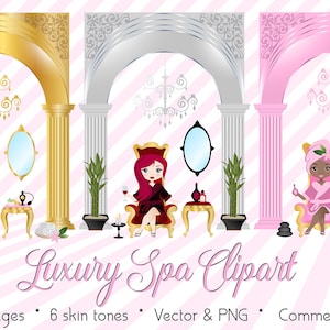 Luxe Spa Clipart, Spa Day Clip Art, graphiques vectoriels spa, variété de tons de peau - teint clair et foncé salon clipart, cosmétiques clipart