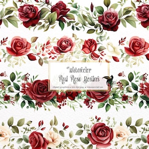 Aquarell Rote Rose Borders Clipart - nahtlose Rosen und Blätter im PNG-Format sofortiger Download für kommerzielle Nutzung