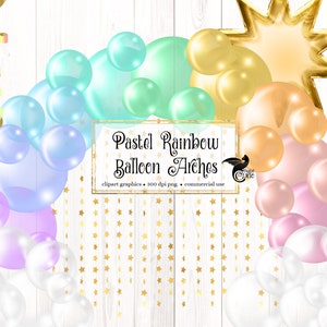 Pastell Regenbogen Ballon Bogen Clipart, Ballon png digitale Überlagerungen mit Bändern und Girlanden sofortiger Download kommerzielle Nutzung