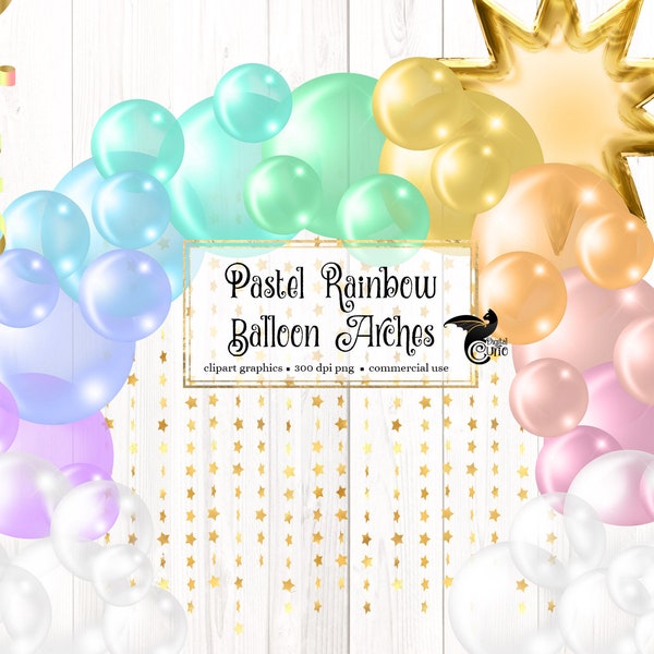 Pastel Rainbow Balloon Arch Clipart, balloon png digital overlays with ribbons and garlands instant download commercial use