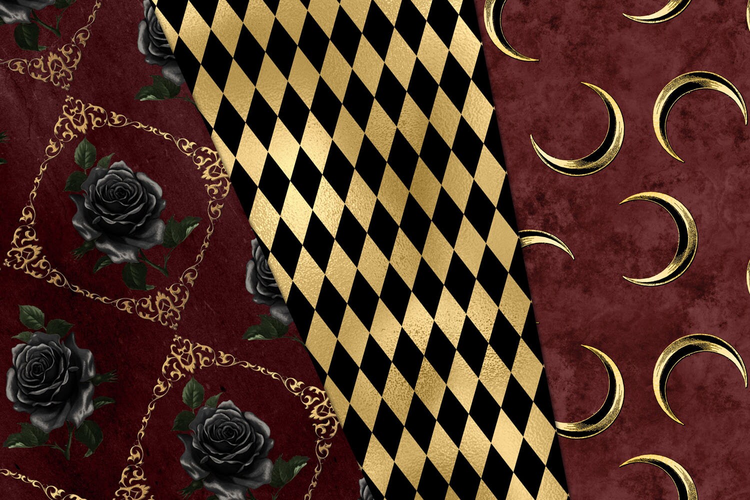 Gold Gothic Digital Paper, Skull Damask Halloween Scrapbook Paper ...