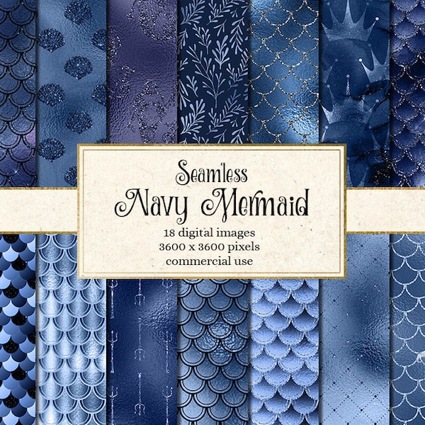 Navy Blue Mermaid Digital Paper, seamless mermaid scales, blue mermaid backgrounds, seamless mermaid patterns, fish scales backgrounds