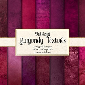 Distressed Burgundy Textures, bordeauxrood digitaal papier, noodlijdende texturen, grunge achtergronden, vintage plakboekpapier direct downloaden
