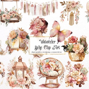 Aquarelle Boho Clipart Set 2 - mariage floral minable PNG format téléchargement instantané pour un usage commercial