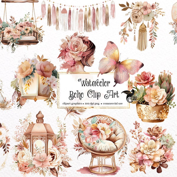 Aquarell Boho Clipart Set 2 - shabby floral Hochzeit PNG format sofortiger Download für kommerzielle Nutzung