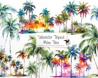 Watercolor Tropical Palm Trees Clipart - sunset island PNG format instant download for commercial use