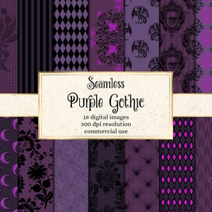Purple Gothic digital paper, seamless skull damask Halloween patterns instant download for commercial use