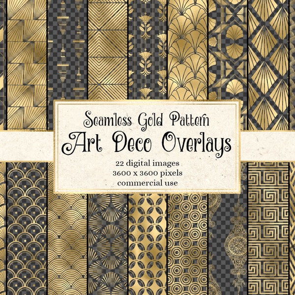 Gold Art Deco Pattern Overlays, digital PNG seamless patterns in retro roaring 20s art deco style instant download for commercial use