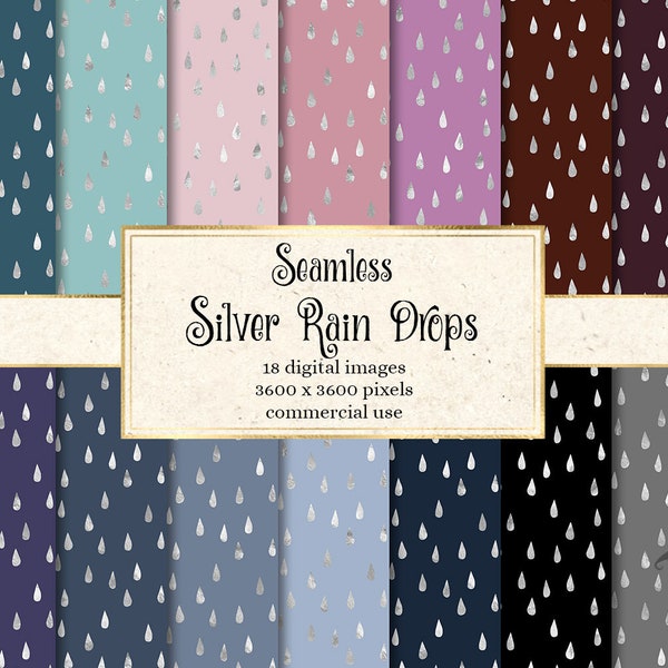 Silver Rain Drops Digital Paper, seamless raindrop patterns with silver foil printable scrapbook paper instant download for commercial use