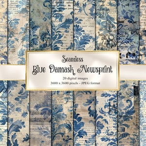 Blue Damask Newsprint digital paper, instant download teal vintage scrapbook paper, old paper textures, aqua printable backgrounds