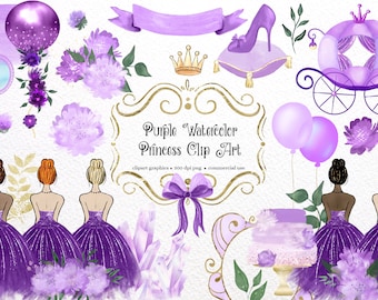 Paarse aquarel Princess Clipart - couture glitter aquarel clip art graphics instant download voor commercieel gebruik