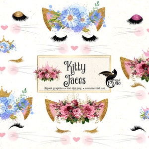 Kitty Faces Clipart, kattenogen, gezicht, oren, wimpers, schattige kitten illustraties, png roze en gouden kronen, snorharen, neuzen, commercieel gebruik