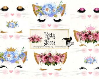 Kitty Faces Clipart, cat eyes, face, ears, eyelashes, cute kitten clip art, png pink and gold crowns, whiskers, noses, commercial use