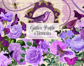 Garden Purple Memories - vintage purple flower clipart with butterflies and birds in PNG format instant download for commercial use